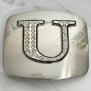 Rhinestone Studded U Letter Initial Monogram Silver Tone Belt Buckle